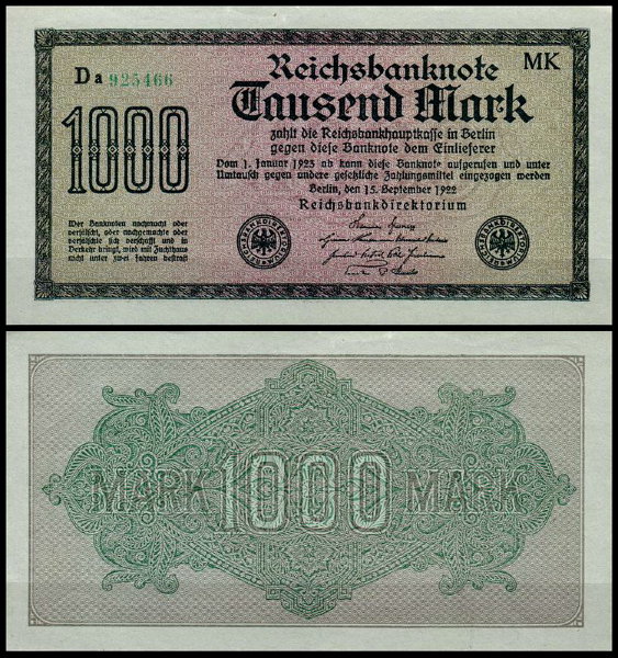 Германия 1000 марок 1922 UNC P.76 Вариант 8