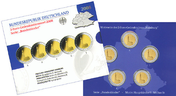 Германия, Набор 5х2 евро 2008 года, Гамбург, ПРУФ