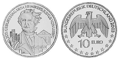 Германия, 10 евро 2003 J (UNC) 200 лет со дня рождения Юстуса фон Либиха