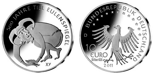 Германия, 10 евро 2011 500 лет истории о Тилле Уленшпигеле