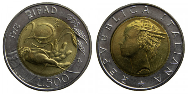 Италия, 500 лир 1998 год,