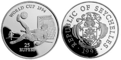 Сейшельские острова, 25 рупий 1993 (PROOF, серебро) Чемпионат мира по футболу в США