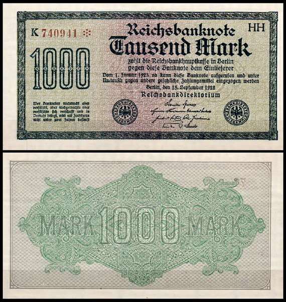 Германия 1000 марок 1922 UNC P.76 Вариант 5