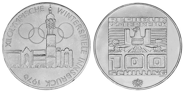 Австрия, 100 шиллингов 1976 год, XII Олимпийские игры в Инсбруке, Халль-ин-Тироль