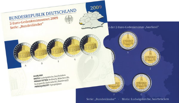 Германия, Набор 5х2 евро 2009 года, Саарская область, ПРУФ