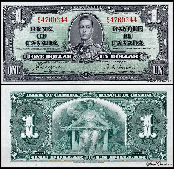 Канада 1 доллар 1937 (UNC Pick 58) Coyne-Towers
