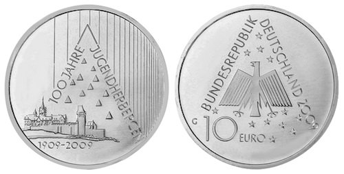 Германия, 10 евро 2009 G (UNC) 100-летие молодёжных турбаз в Германии