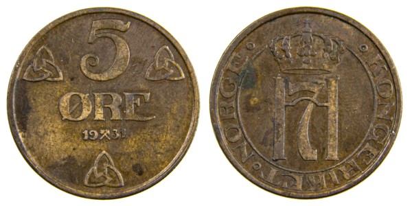 Норвегия 5 оре 1931 год 