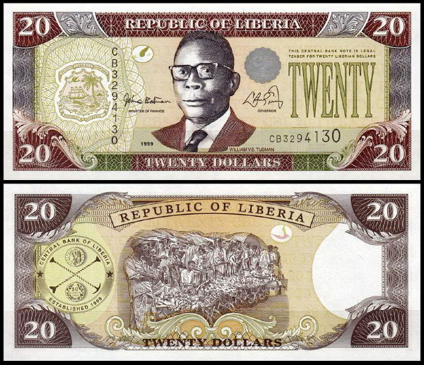 Либерия 20 долларов 1999 (UNC Pick 23)