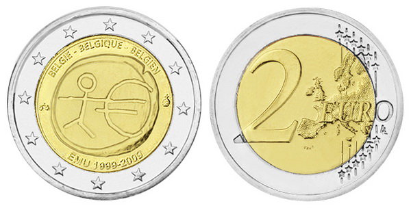 Бельгия, 2 евро 2009 год, 10 лет валютного и экономического союза