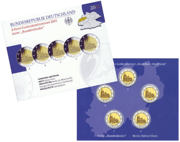 Германия, Набор 5х2 евро 2011 года, Северный Рейн-Вестфалия, ПРУФ