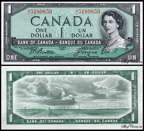 Канада 1 доллар 1955-1961 (UNC Pick 74a) Beattie-Coyne. Printer CBNC