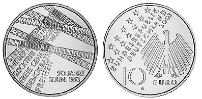 Германия, 10 евро 2003 A (UNC) 50-летие восстания рабочих Берлина в 1953 году
