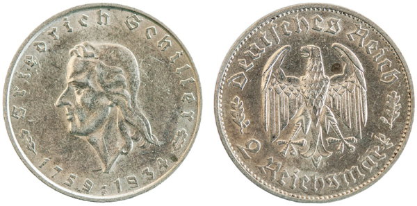 Германия, 2 марки 1934F год, Шиллер AUNC 