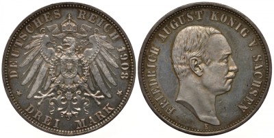 Саксония 3 марки 1908 Е, Фридрих Август III (1904-1918) 