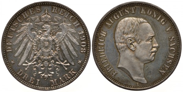 Саксония 3 марки 1908 Е, Фридрих Август III (1904-1918) 