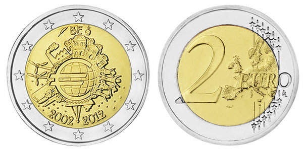 Бельгия, 2 евро 2012 год, 10 лет в составе ЕС