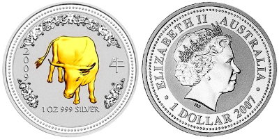 Австралия, 1 доллар 2007 (UNC, серебро) Восточный календарь, Год быка