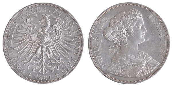 Франкфурт, 2 талера 1861 год, AUNC
