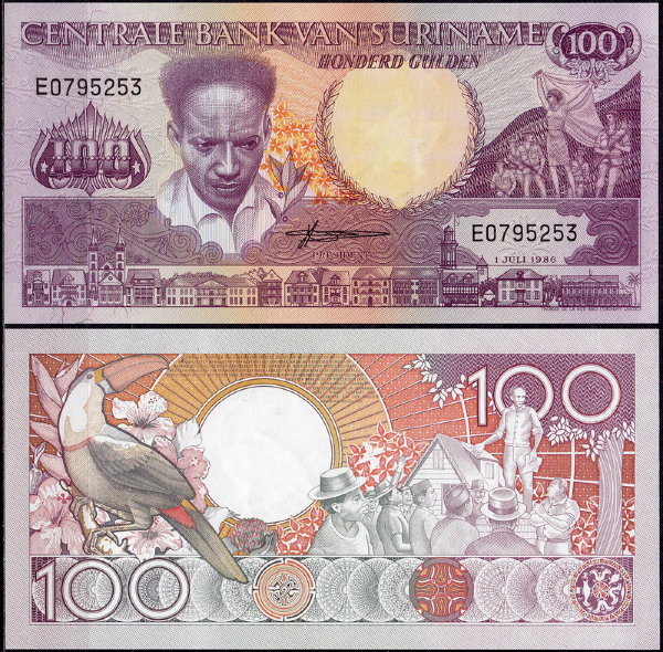 Суринам 100 гульденов 1986-1988 (UNC Pick 133)