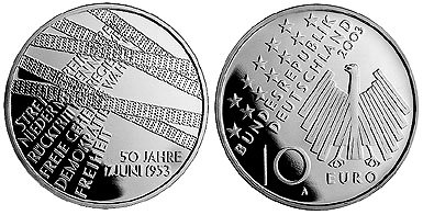 Германия, 10 евро 2003 A (PROOF) 50-летие восстания рабочих Берлина в 1953 году