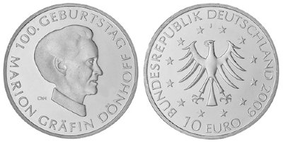 Германия, 10 евро 2009 J (UNC) 100 лет со дня рождения графини Марион Дёнхоф