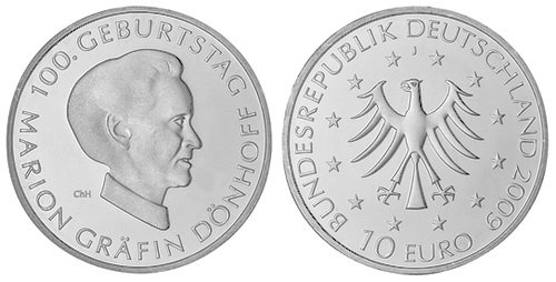 Германия, 10 евро 2009 J (UNC) 100 лет со дня рождения графини Марион Дёнхоф