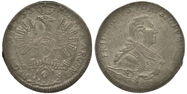 Бранденбург-Пруссия 18 грошей 1753 Е, Фридрих II (1740-1786), монетный двор КЕНИГСБЕРГ
