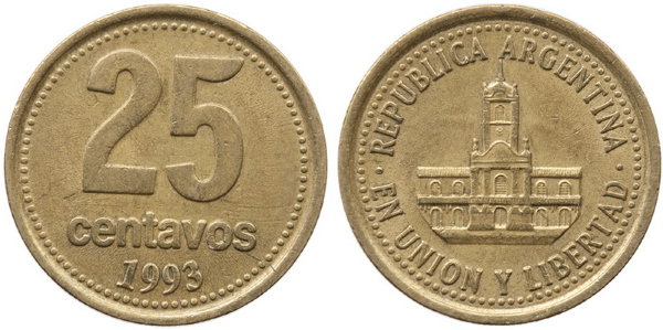 Аргентина, 25 сентаво 1993 год, XF