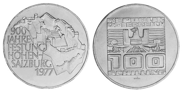 Австрия, 100 шиллингов 1977 год, Крепость Хоэнзальцбург
