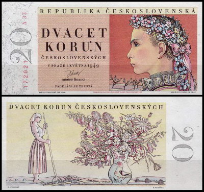Чехословакия 20 крон 1949 (UNC Pick 70s)