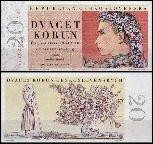 Чехословакия 20 крон 1949 (UNC Pick 70s)