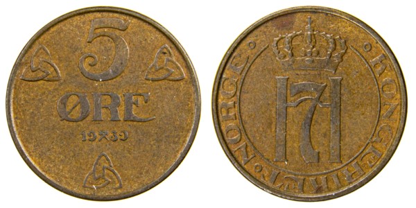 Норвегия 5 оре 1939 год 