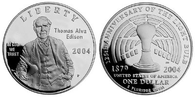 США, 1 доллар 2004 год, 125 лет изобретению лампочки Эдисона, ПРУФ