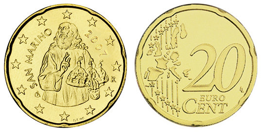 Сан Марино, 20 центов 2008 (UNC, латунь)