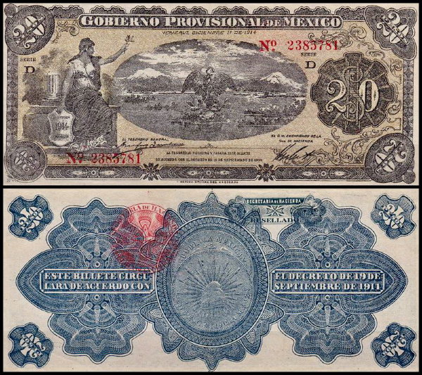 Мексика 20 песо 1914 (AUNC Pick S1110)