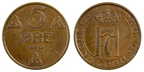 Норвегия 5 оре 1939 год 