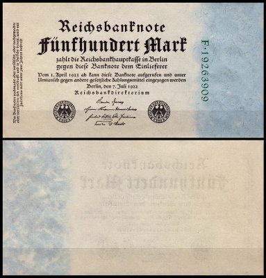 Германия 500 марок 1922 UNC P.74c 8-значный номер