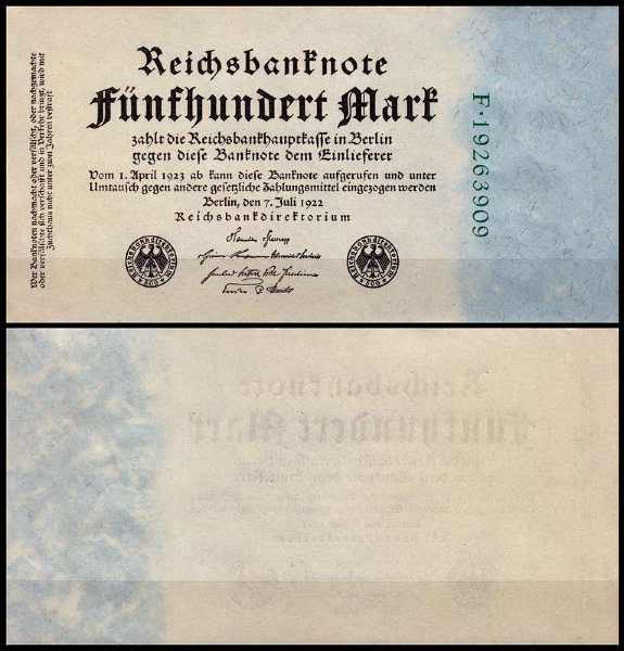 Германия 500 марок 1922 UNC P.74c 8-значный номер