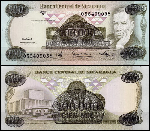 Никарагуа 100000 кордоба 1987 (UNC Pick 149) На банкноте 500 кордоба