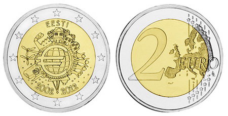 Эстония, 2 евро 2012 (UNC) 10 лет в составе Европейского союза