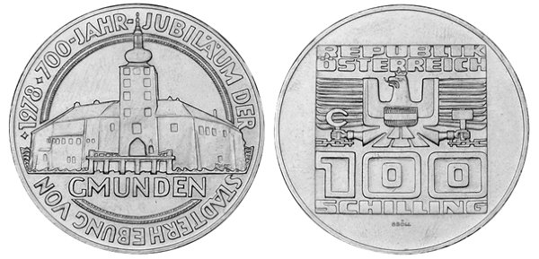 Австрия, 100 шиллингов 1978 год, 700 лет городу Гмунден