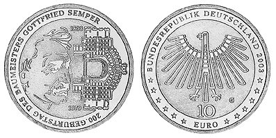 Германия, 10 евро 2003 G (UNC) 200 лет со дня рождения Готфрида Земпера