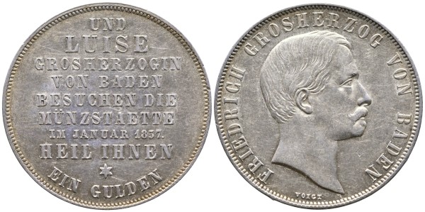Баден 1 гульден 1857 на посещение монетного двора, тираж 776 экземпляров