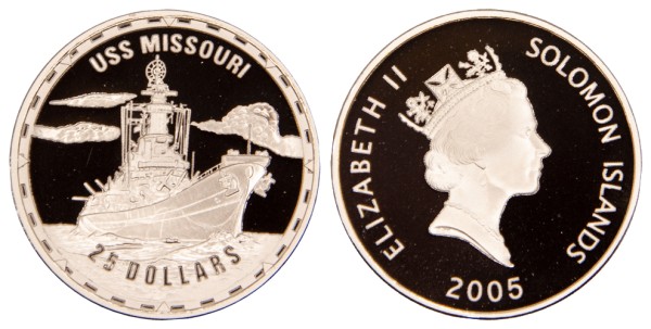Соломоновы острова, 25 доллар 2005 год, линейный корабль ВМС США - Миссури