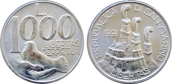 Сан Марино, 1000 лир 1991 (UNC, серебро)