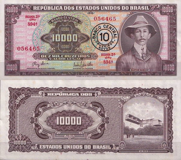 Бразилия 10 крузейро 1967 (UNC Pick 190) На банкноте 10000 крузейро