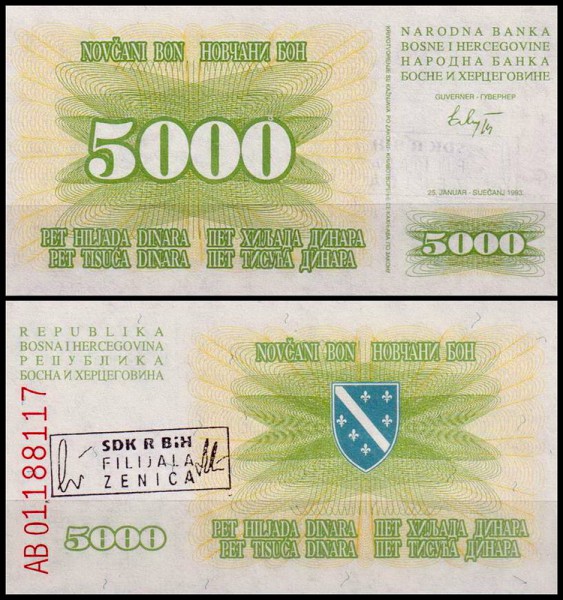 Босния и Герцеговина 5000 динар 1993 (UNC Pick 16b)