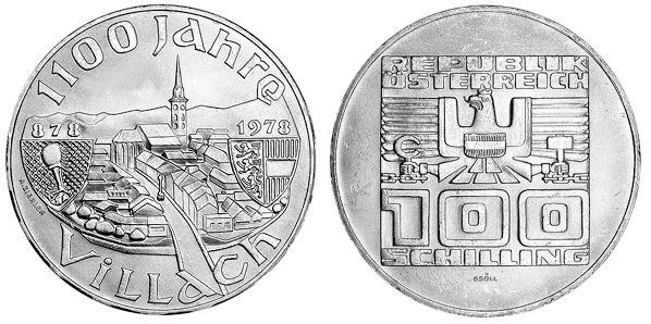 Австрия, 100 шиллингов 1978 год, 1100 лет основания города Филлах