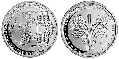 Германия, 10 евро 2003 G (PROOF) 200 лет со дня рождения Готфрида Земпера